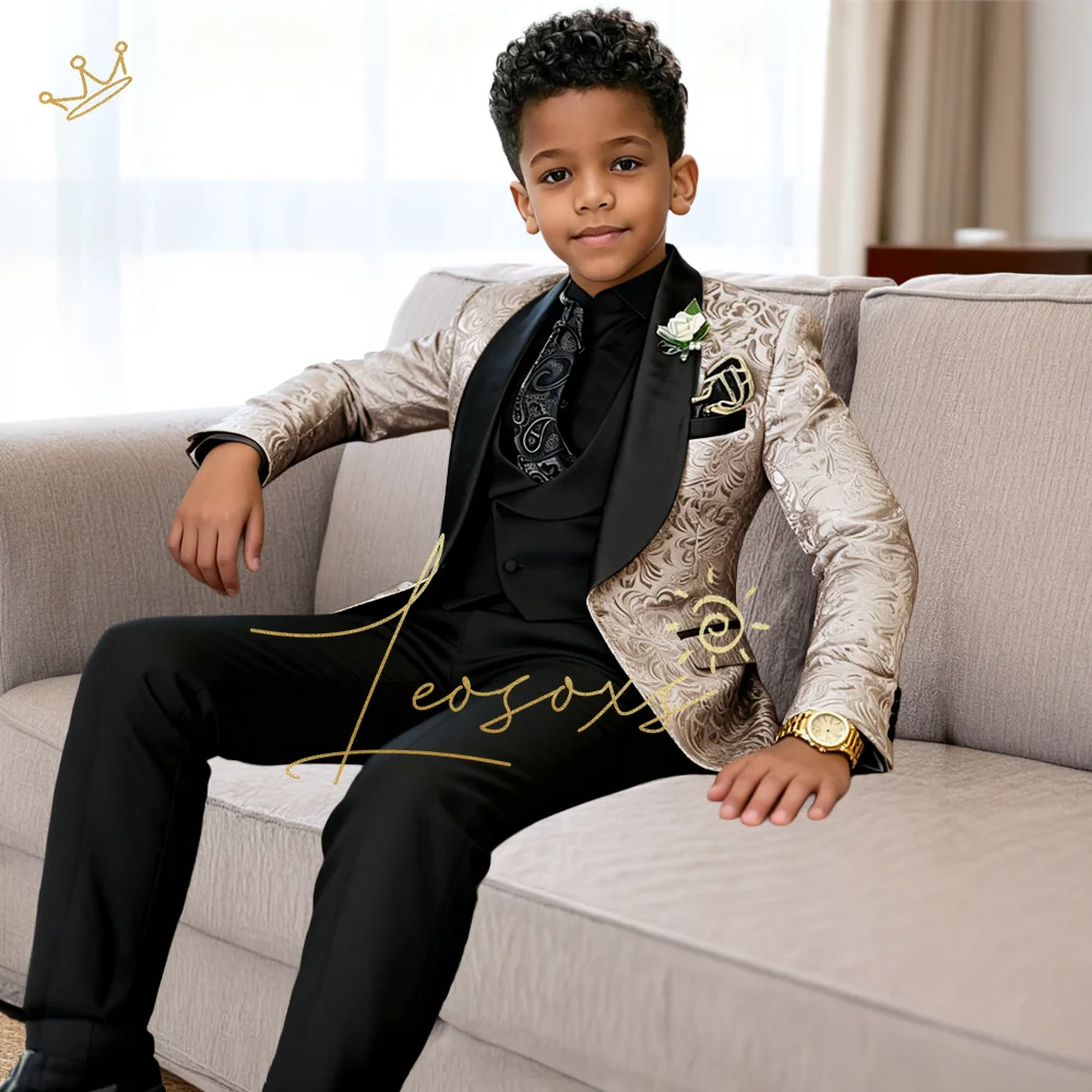 Boys 3 Piece Jacquard Suit Ornate Pattern Blazer Vest Pants Gentleman Formal Attire for Elegant Celebrations image 2