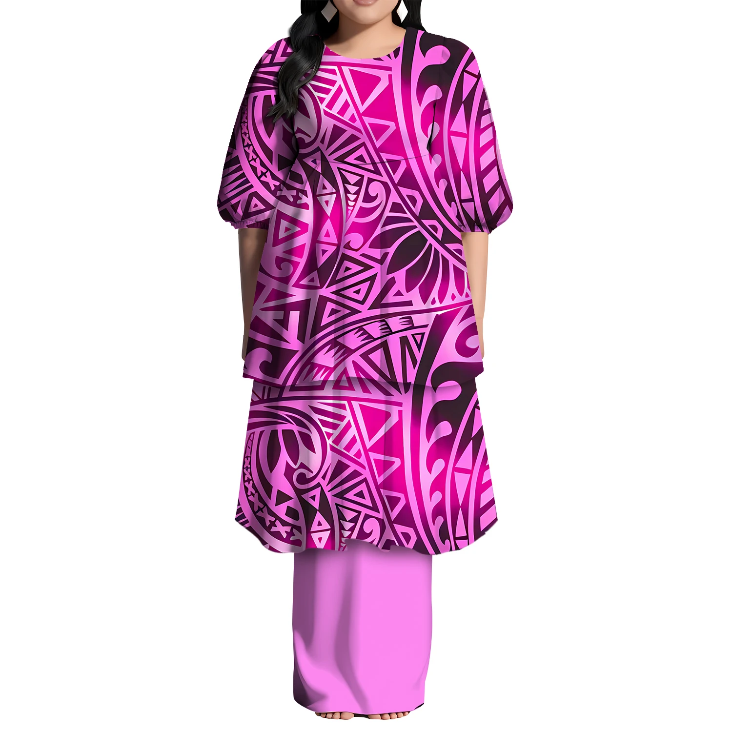 Recién llegado, vestido largo azul con volantes Puletasi, diseño personalizado de estilo Hawaiano, vestido de manga corta, vestido Tribal polinesio para mujer, 2 piezas