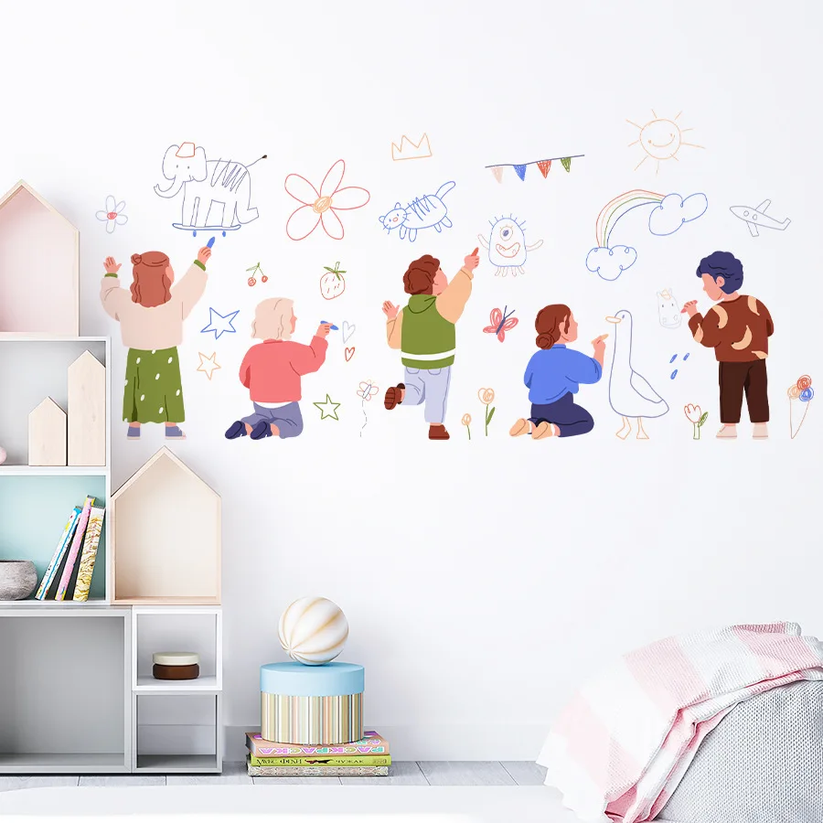 Cartoon Childlike Graffiti Wall Stickers Elephant Flower Sun Rainbow Plane Sketch Decals for Studio Classroom Kids Room Decor