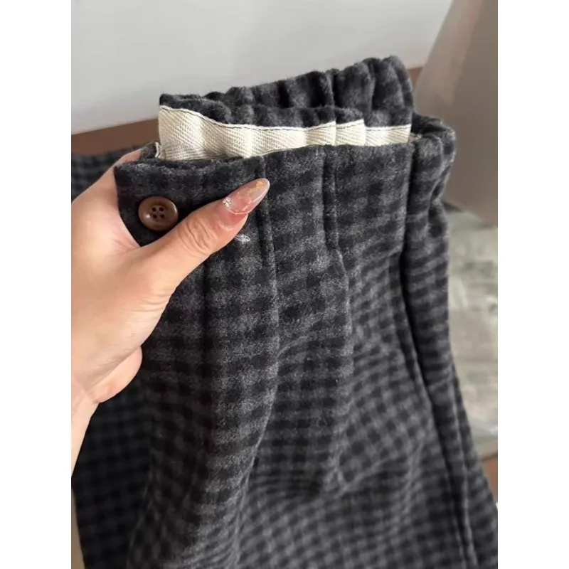 Slimming Effect Tweed Woven Plaid Pants High Waist Loose Drapey Wide Leg Casual Trousers for Women Autumn New Sle