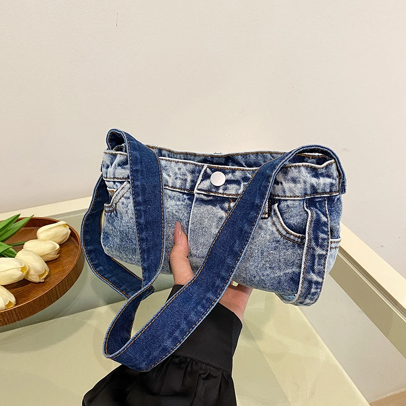 Cowboy Underarm Bag Women\'s Retro Denim 2024 Summer New Style Trendy Sea Blue Patchwork Fashion Handheld Shoulder Bag