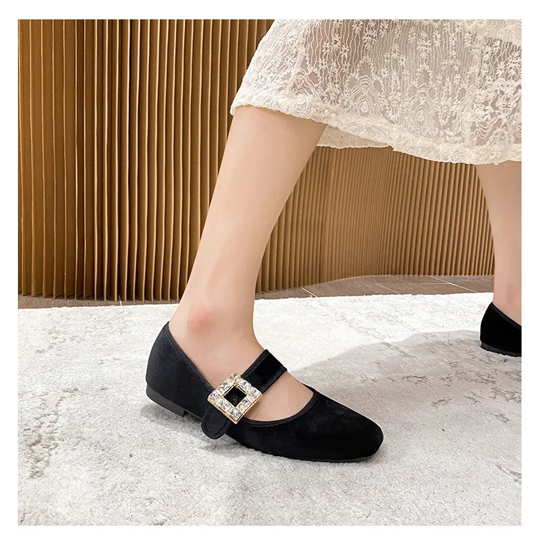 New Women Flat Shoes Spring Girl Round Toe Crystal Velvet Mary Jane Shoes Sweet Comfortable Slip-on Loafers Big Size 35-43