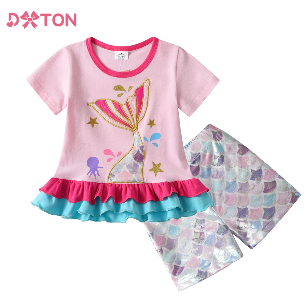 DXTON 2PCS Girls Clothing Set Summer Short Sleeve Tops &Shorts Kids Baby Clothes Outfits Mermaid Print New Children Cotton Suit