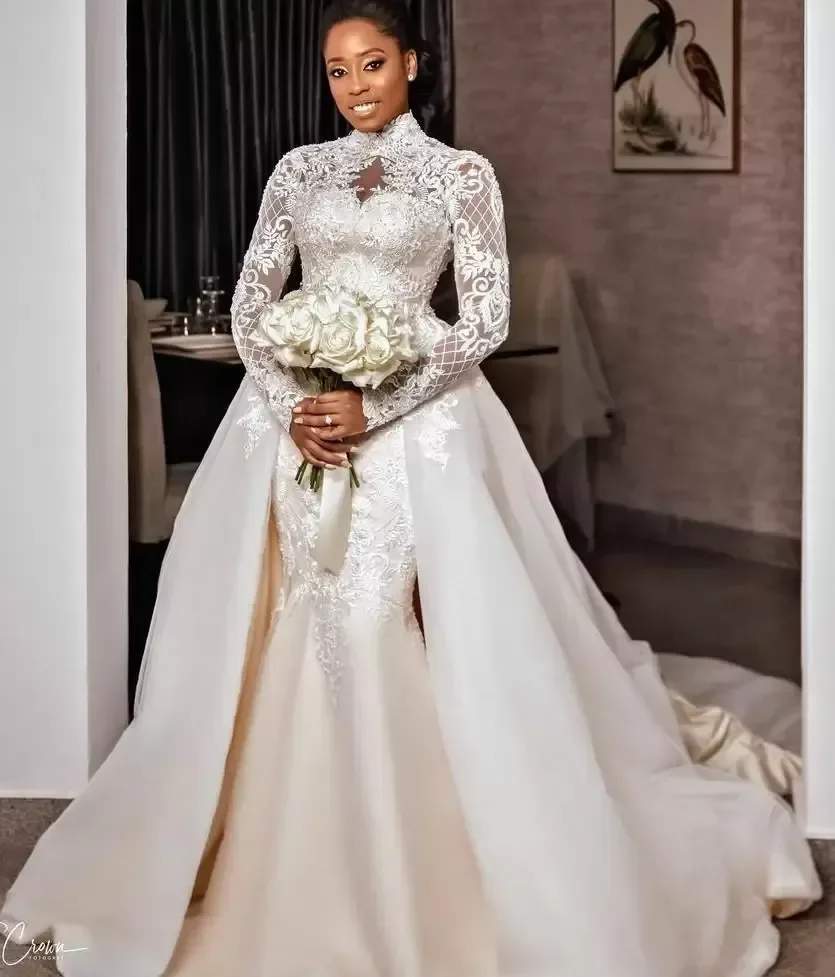 Vestidos de casamento árabes Aso Ebi com trem destacável, apliques de renda luxuosos, gola alta, vestidos de noiva sereia muçulmana, plus size, 2024