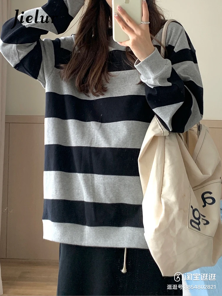 

Jielur Autumn New American Vintage Slim Women Hoodies Casual Loose Chicly Striped Hoodies Woman Simple Basic Street Top Female