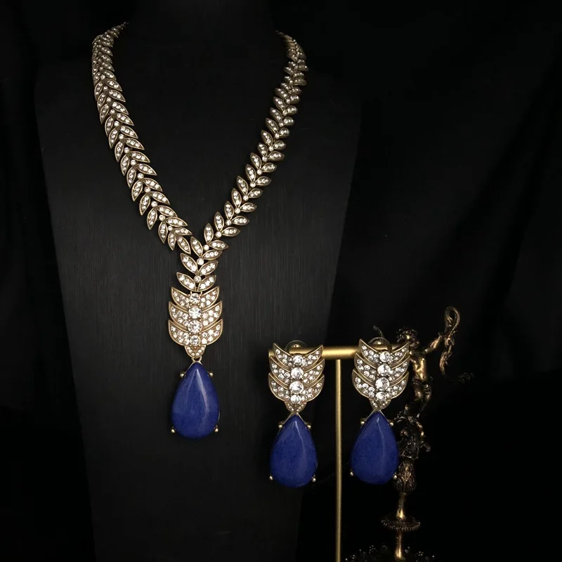 Advanced Retro Style Fashion Copper Plating Distressed Gold Lapis Lazuli Water Drop Drop Diamond-Studded Necklace Earrings All-M