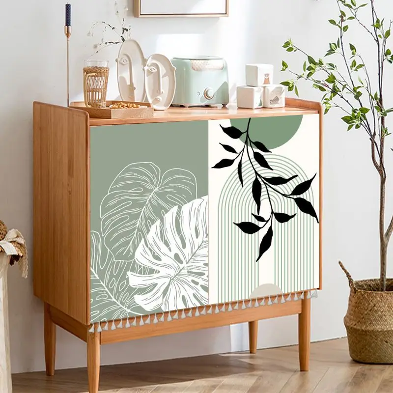 VIKAMA No Drill Magic Tape Self Adhesive Curtain Boho Monstera Green Leaf Print Dustproof Cabinet Closet Furniture Cover Decor
