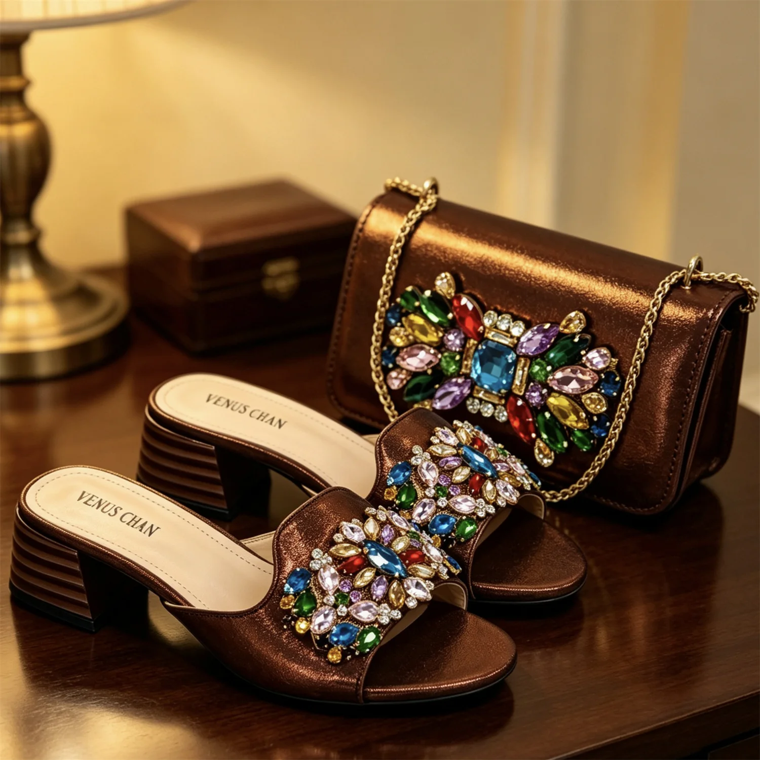 Shiny Fashion Print and Rhinestone Decoration Design Peep Toe High Heels And Bag Set for Party Weeding or Work