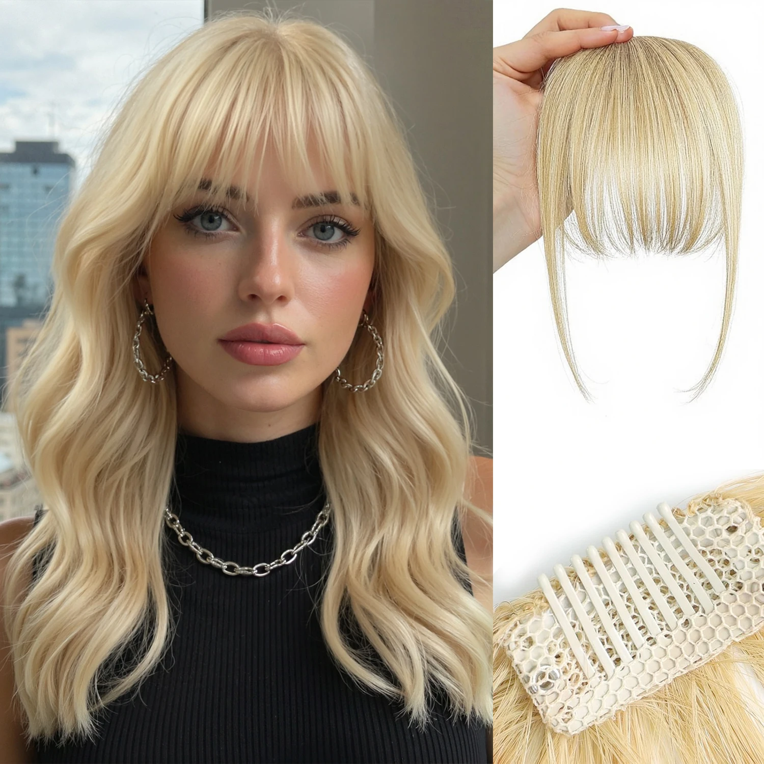 100% Human Hair Bangs Clips in Natural Air Fringe Bangs Hairpiece for Women Platinum Blonde Remy Human Hair Bangs Hair Extension