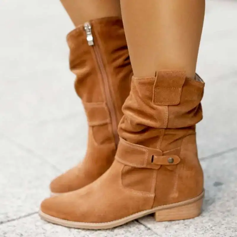 Bottes de cowboy occidentales pour femmes, bottes de rinçage, talons bas, bottes en daim, construction en métal, fermeture éclair latérale,