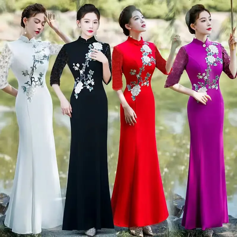 

Walking Show Qipao 2024, новое длинное, элегантное и достойное китайское платье для выступлений, вечернее платье для ведущего банкета