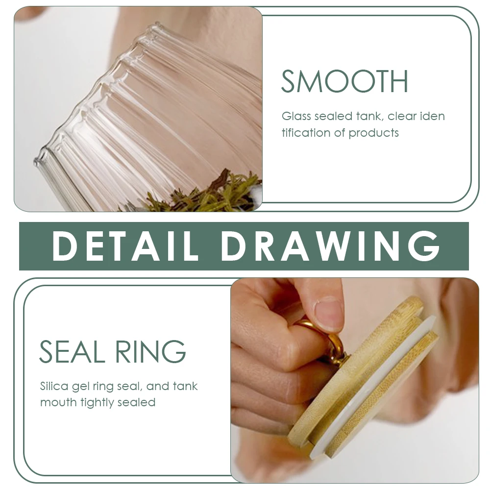 

Striped Glass Tea Jar Airtight Food Storage Container Kitchen Cereal Canister Sealed Lid Round Shape Tea Coffee