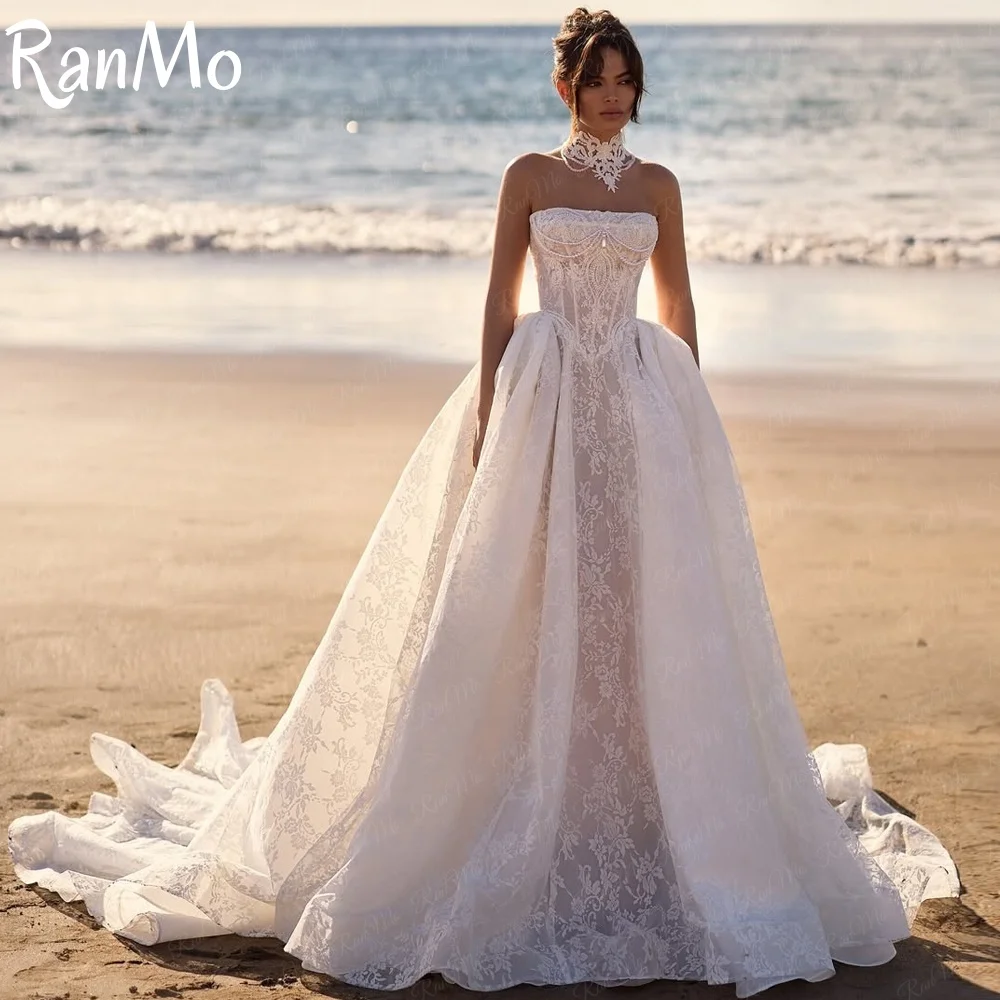 

Ranmo 2025 Fashionable Sweetheart Wedding Gown for Bride Sleeveless A-line Backless Lace Appliques Tulle Customized Plus Size