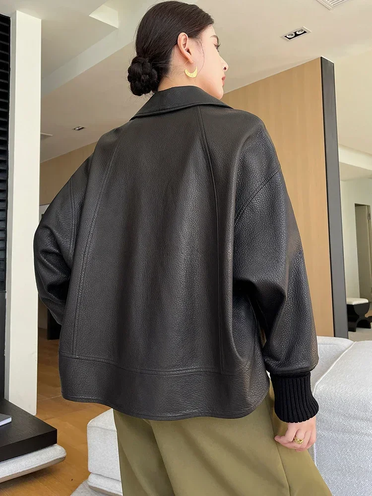 Chaquetas recortadas de cuero genuino para mujer, abrigo de piel de oveja Natural, de alta gama, de punto acanalado, con diseño de puño, nueva tendencia, 2024