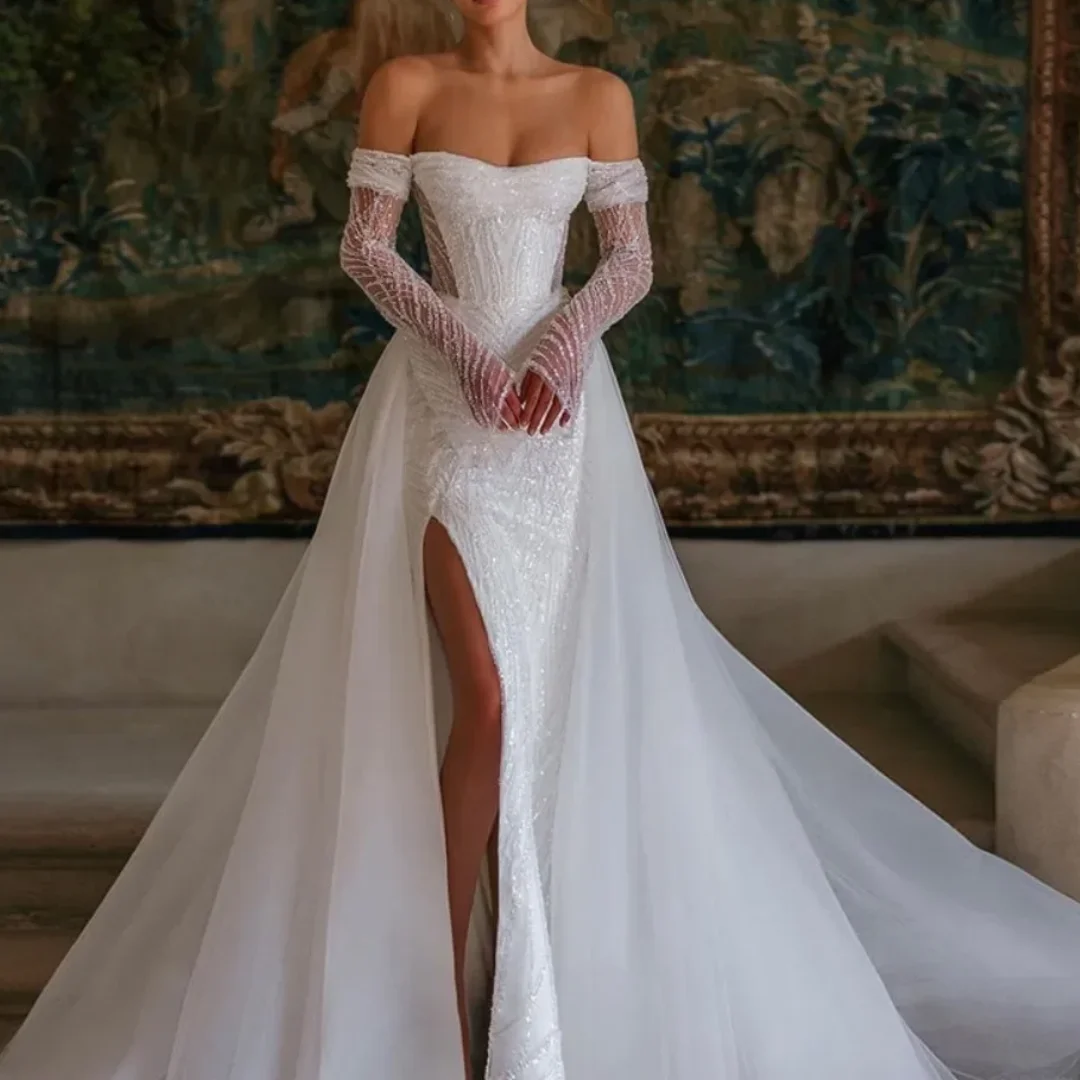 

Русалка с блестками и открытыми плечами, длинными рукавами, свадебное платье, сексуальное свадебное платье со съемным шлейфом по бокам, роскошные свадебные платья по индивидуальному заказу