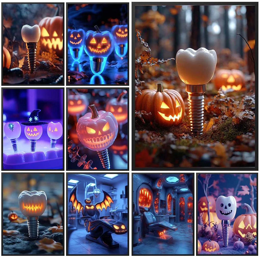 

Tooth Teeth Dental Themed Halloween Pumpkin Poster Wall Art Canvas Painting Home Decor Wall Pictures For Living Room Unframed