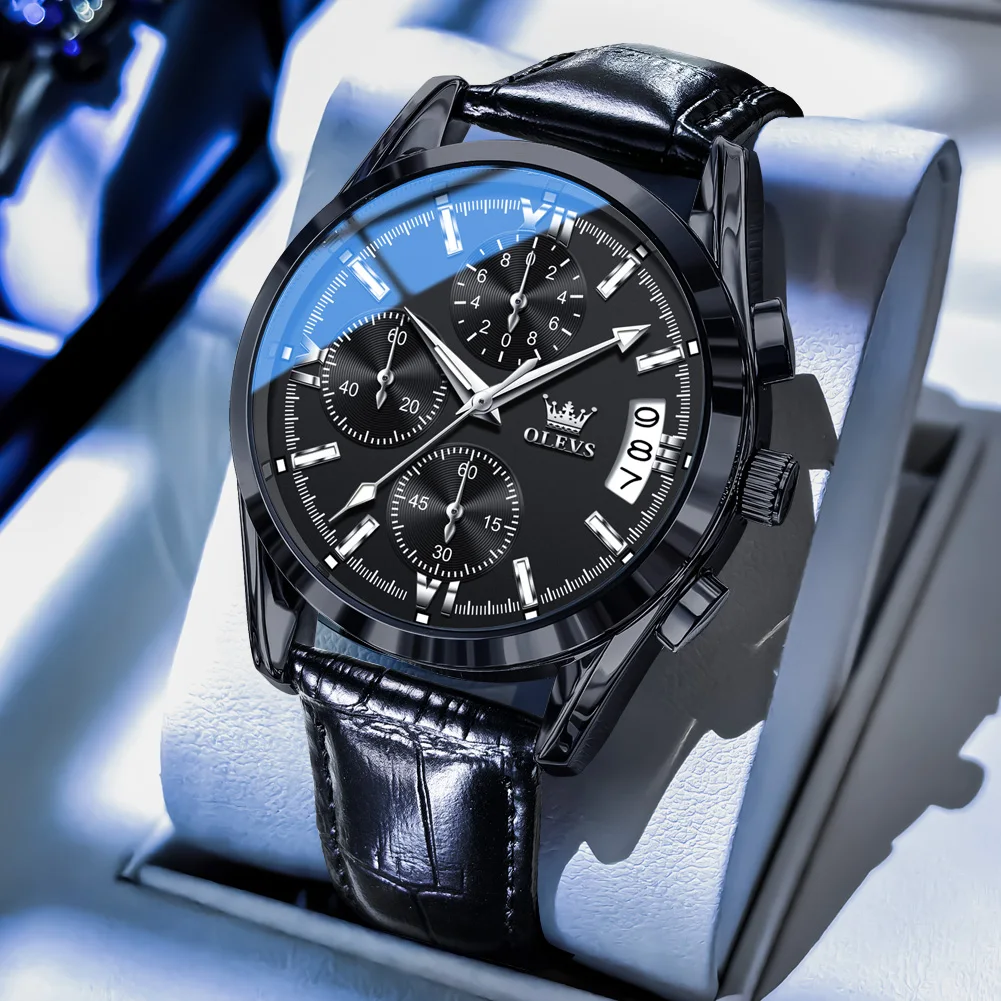 

OLEVS военные спортивные часы с хронографом мужские черные стальные корпуса кожаный ремешок водостойкие светящиеся кварцевые наручные часы