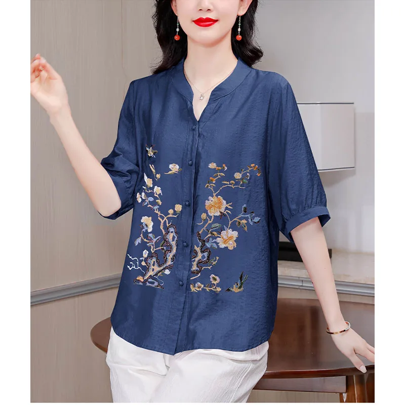 2024 New Women\'s Summer Cotton and Linen Embroidery Splicing Stand Collar Fashion Loose and Versatile Short Sleeve Shirt Tops