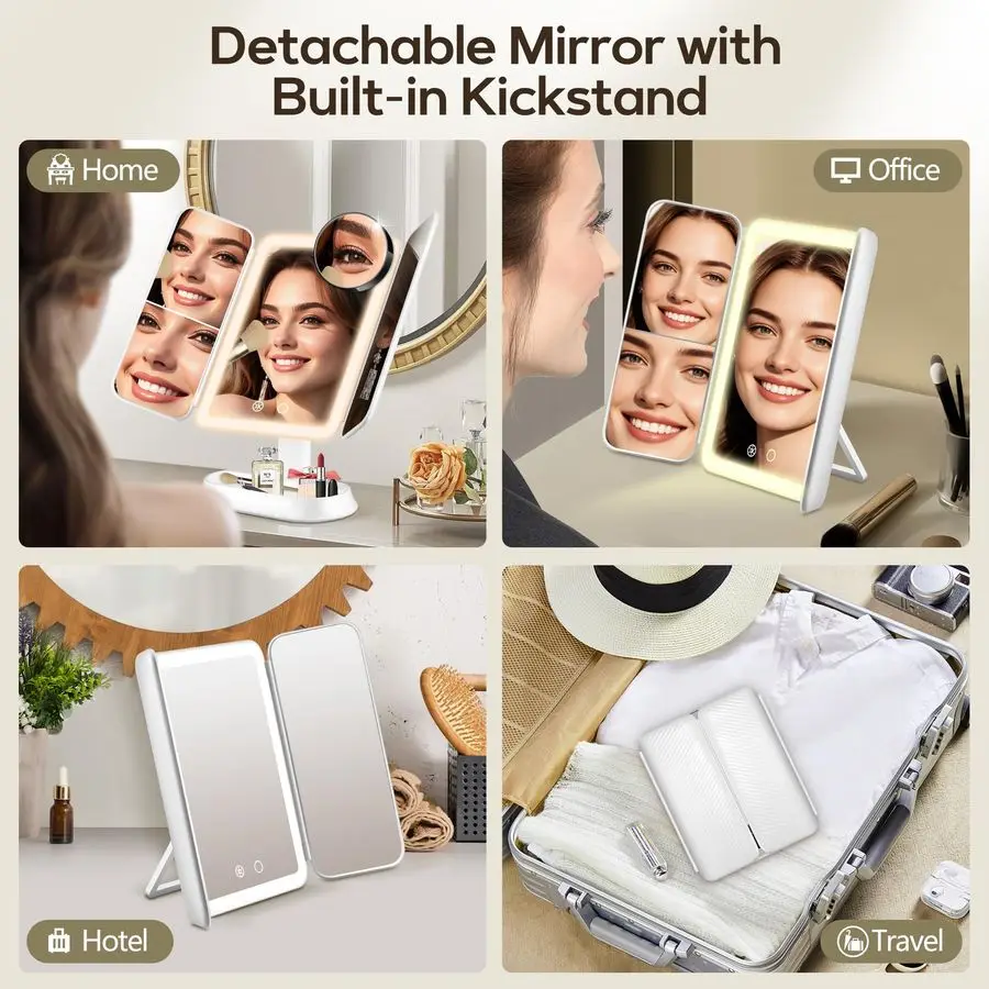 Mirror with Lights, Lighted Makeup Mirror with 30X 10X 5X Magnification, Rechargeable Trifold Mirror with 3 Color amp Adjustable
