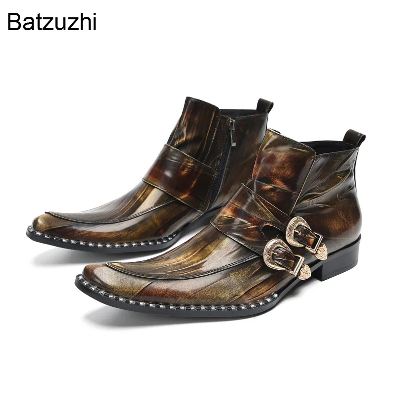 Batzuzhi Fashion Bronze Men's Boots Buckles Zip Formal Genuine Leather Ankle Boots Men Party, Wedding Botas Male, Sizes 38-46!