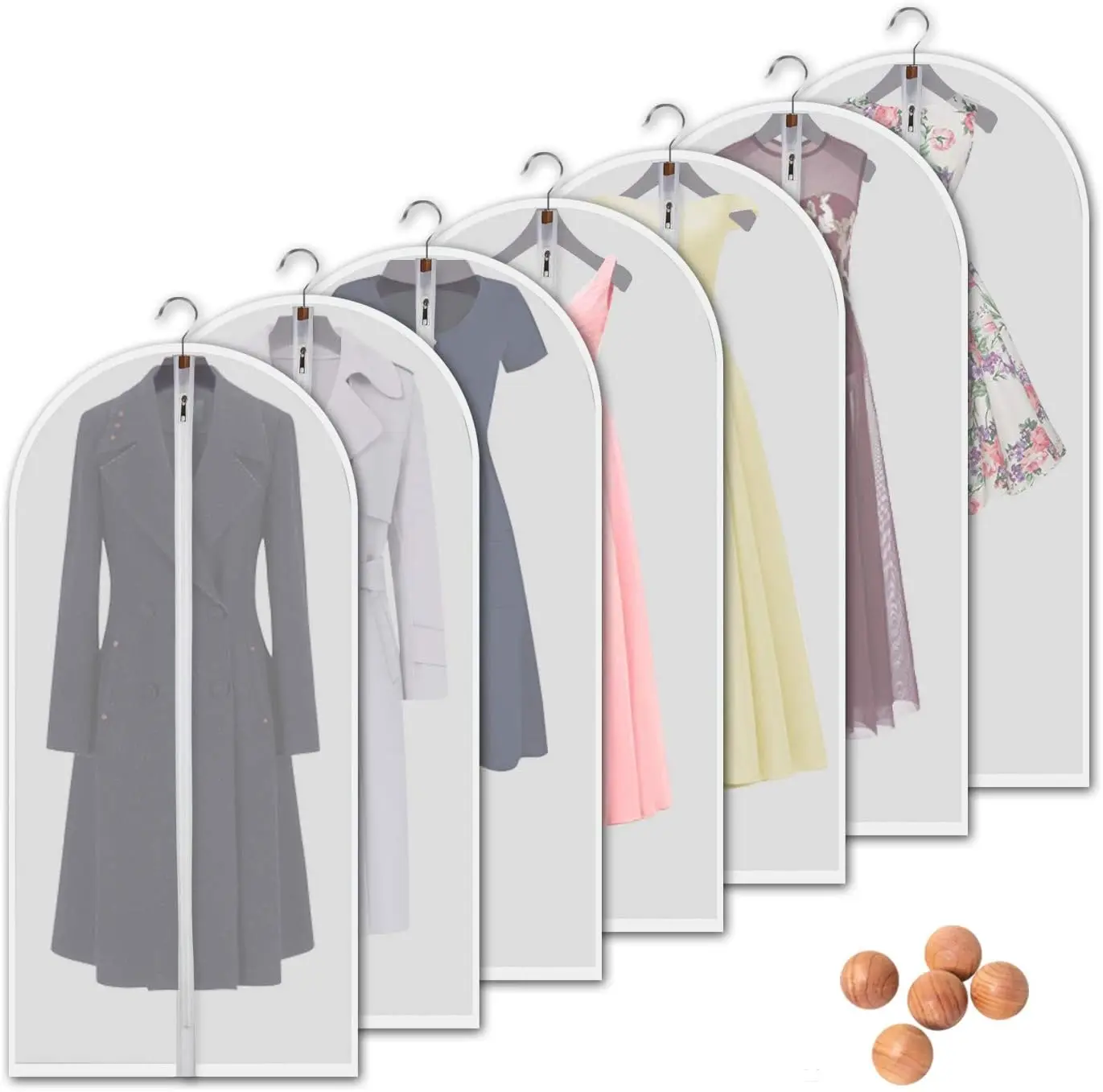 

7 Piece Hanging Garment Bags, 60 Inch Translucent Dust Proof Clothes Cover with Full Zipper, Breathable, for Suits, Dresses, Gowns