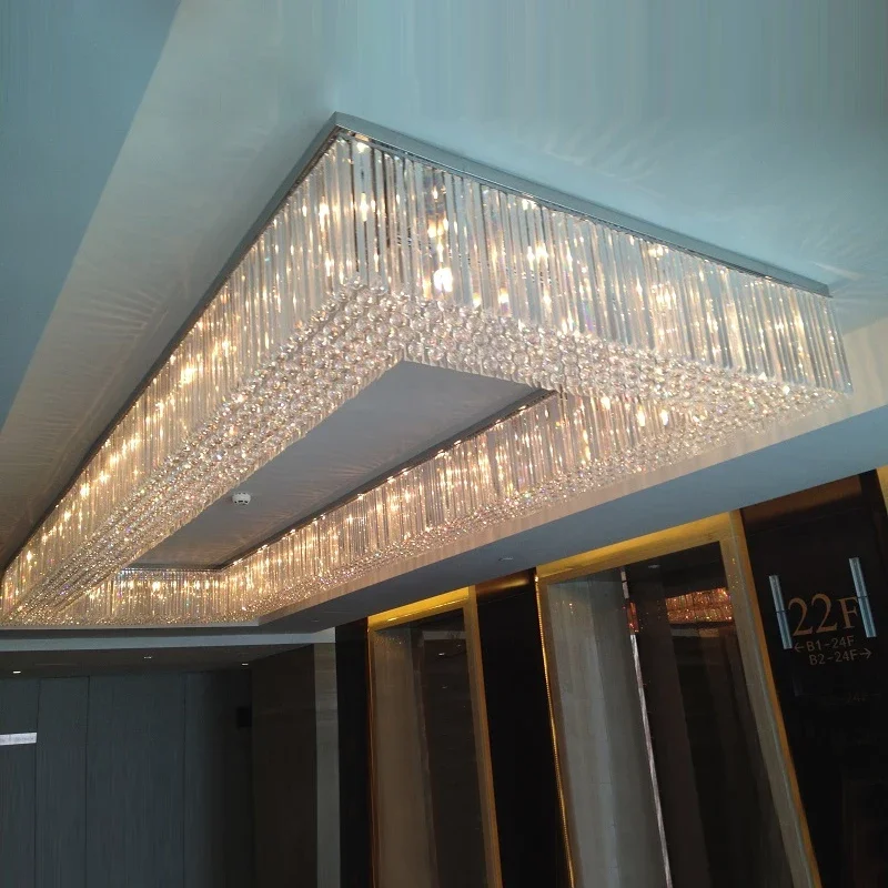 Custom Manufacture Large Flush Mounted  for Event Hall Hotel Banquet Hall Big Rectangular Crystal  Luxury