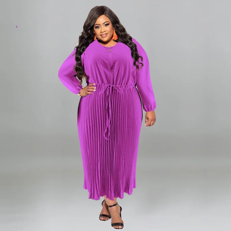 Plus Size Pleated Elegant Dress Female Solid Luxury Robe 2023 Autumn Winter Women Fashion Cloth Large Size 5xl Party Dress