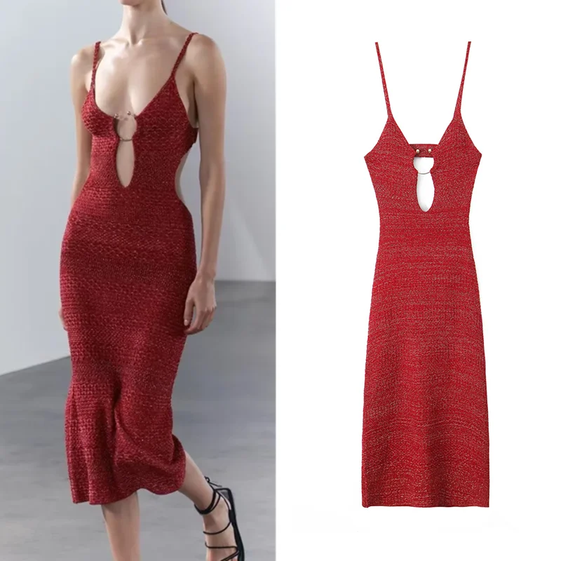 

French sexy deep V-neck open buckle gold silk knitted backless suspender dress female summer slim fit long dress