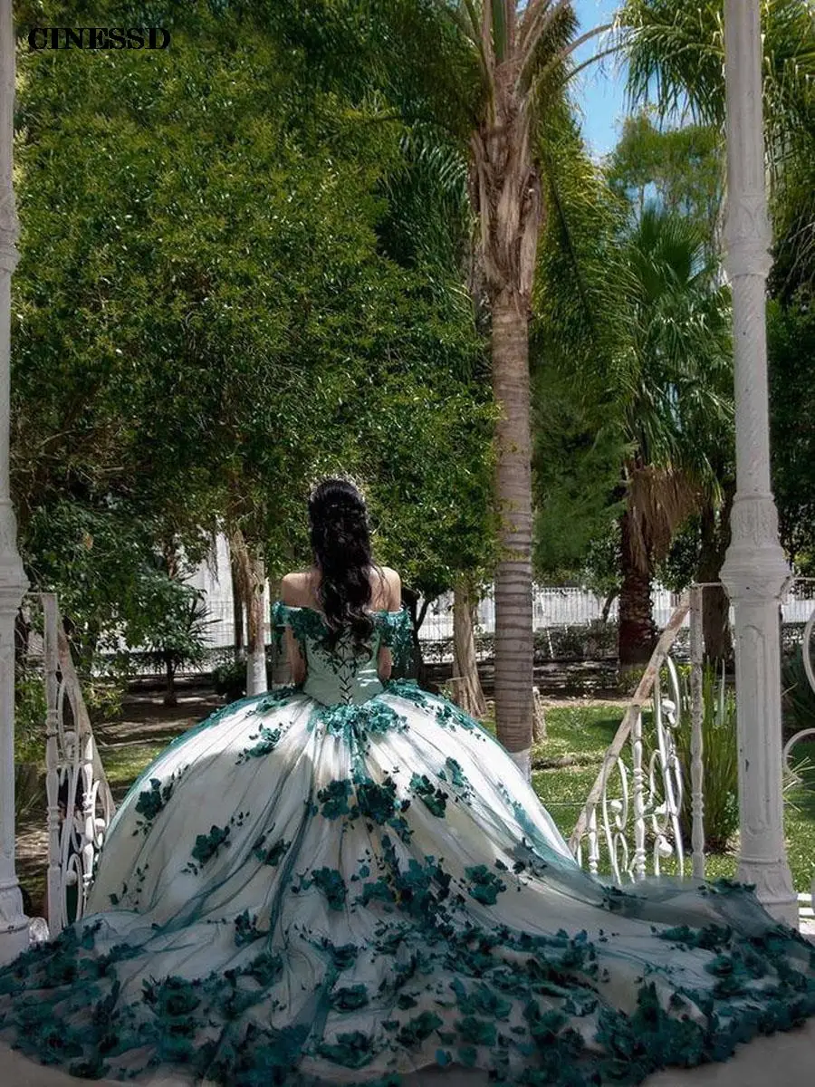 Роскошные изумрудно-зеленые платья для Quinceanera 2023 бальное платье с цветочной аппликацией с кристаллами милые платья на шнуровке для дня рождения на заказ