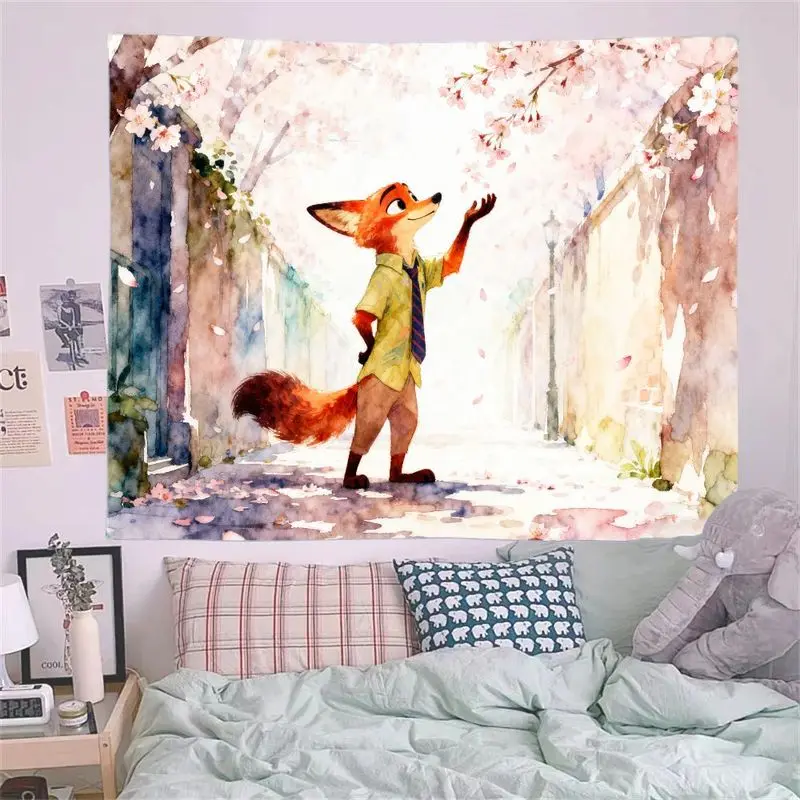 1 Buah Zootopia Nick Wilde Cherry Blossom Tapestry Estetika Cat Air Poliester Seni Dinding Dekorasi Rumah Hadiah untuk Penggemar