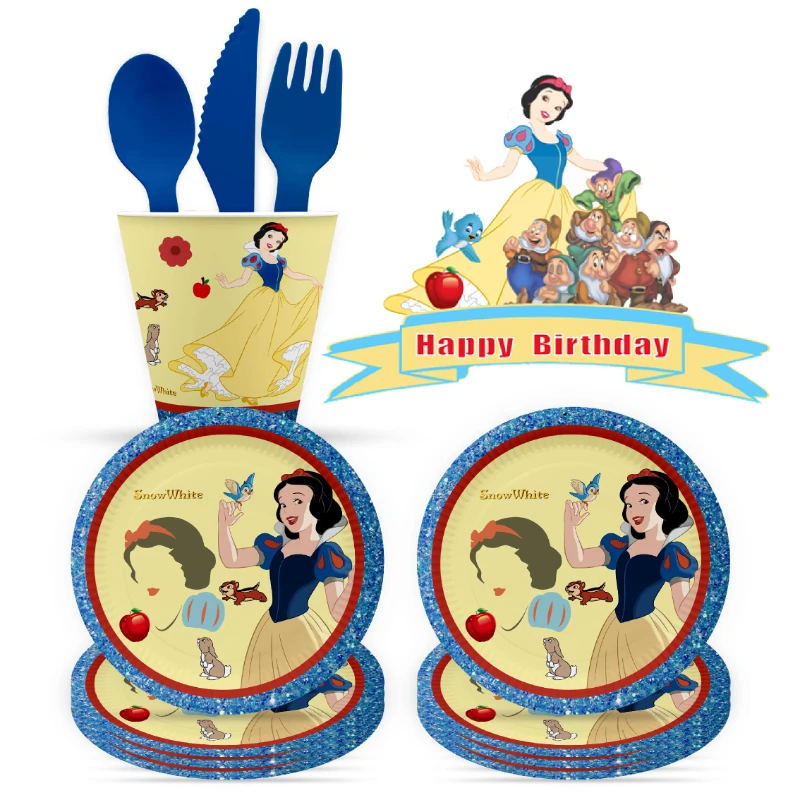 

Disney Snow White Cartoon Theme Disposable Party Supply Happy Birthday Banner Baby Shower Balloon Tableware Paper Decorate Goods