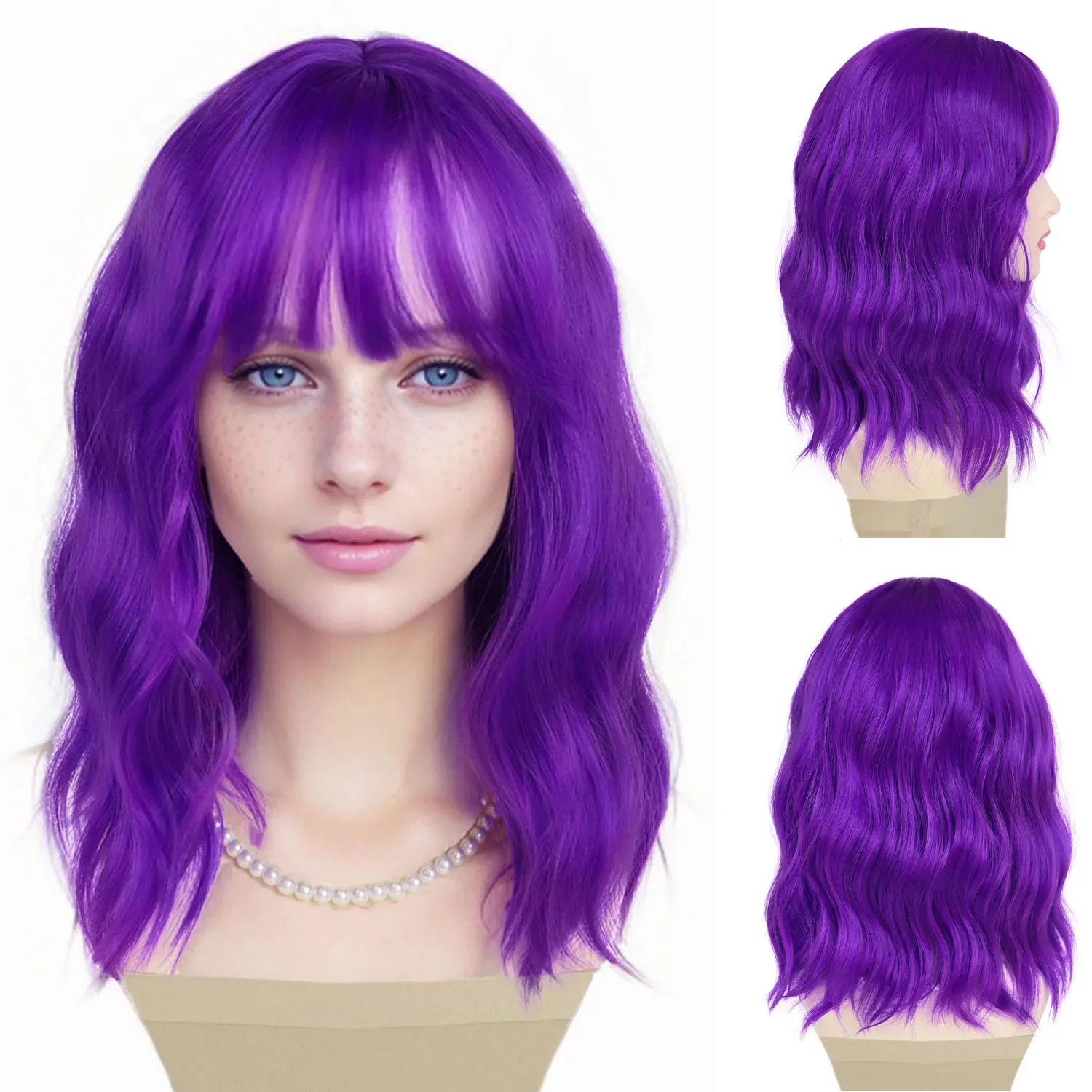 

Synthetic Purple Wig with Bangs Soft Short Loose Wavy Wigs for Women Shoulder Length Women's Curly Wigs Halloween Cosplay Daily