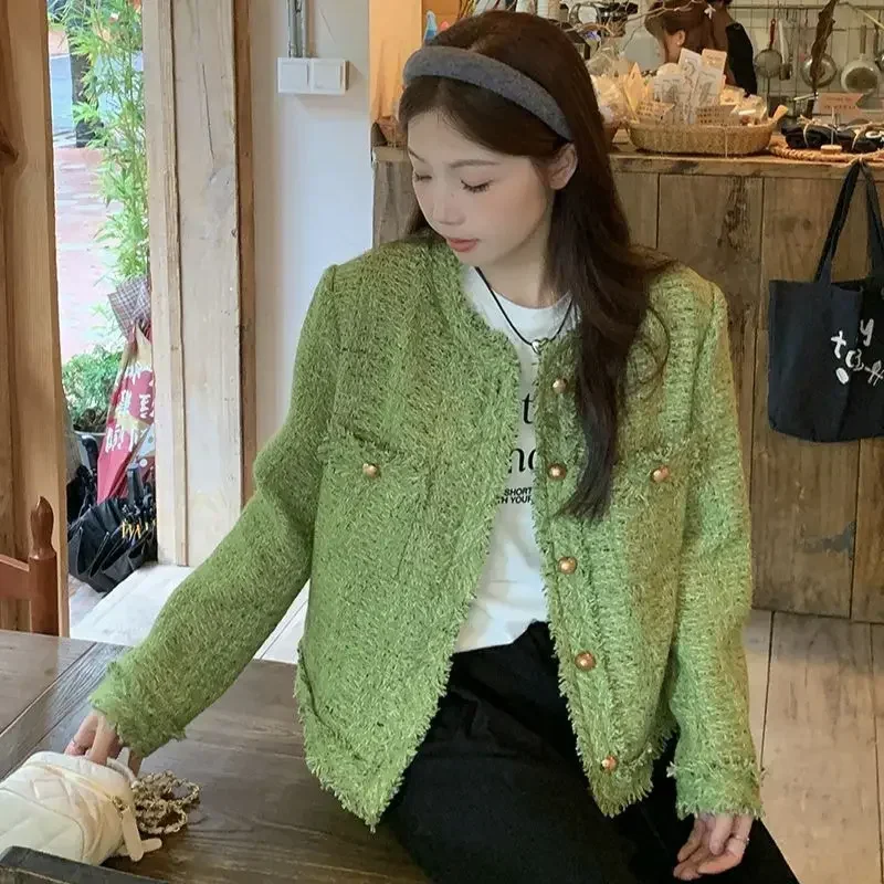 

TPJB New Autumn Winter Korean Single-Breasted Short Tweed Coat Women Long Sleeve Vintage Green Casual Jackets Female Outerwear
