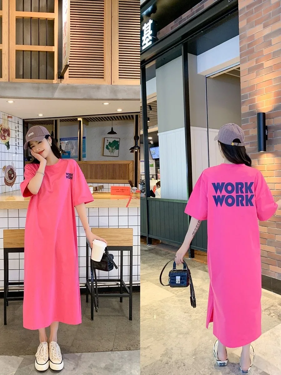 2024 Spring/Summer New Korean T-shirt dress Women's Long Korean Loose High Grade Short Sleeve Loose Fashion Dress L1YV