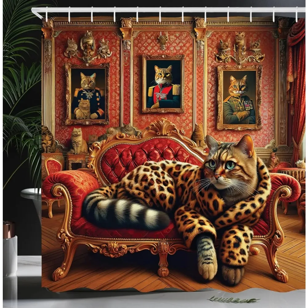 Ambesonne Cat Shower Curtain, Royal Kitty Leopard Coat Lounge Sofa Whimsical Humorous Animal Art, Marigold Salmon Fabric