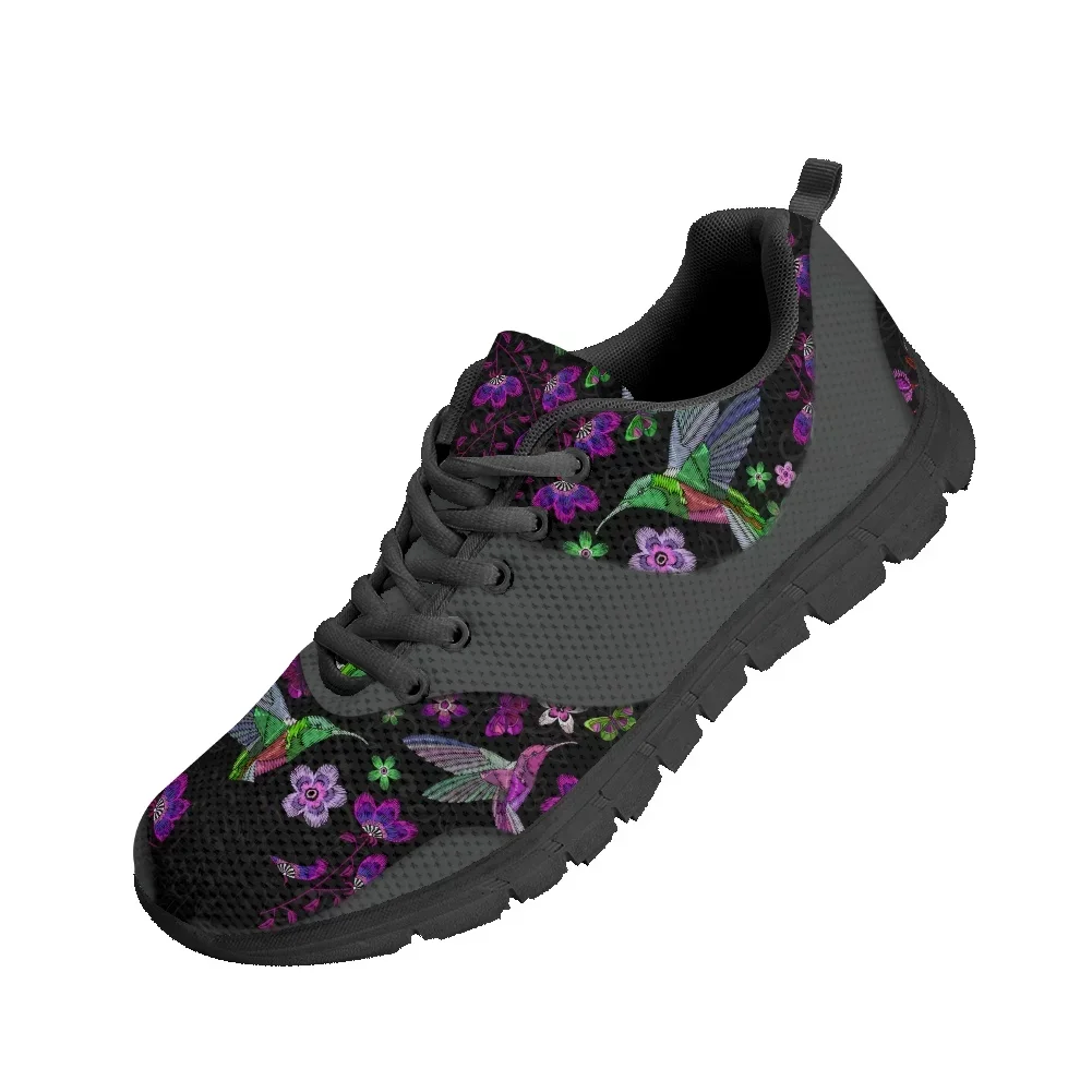 Women's Lightweight Soft Mesh Sneakers Pretty Dark Flower And Hummingbird Print Female Flat Shoes Lace Up Zapatos