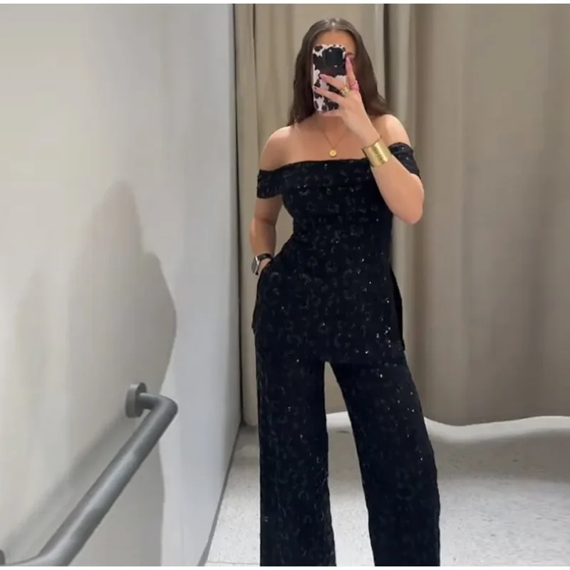 

Черный жилет с блестками, комплект брюк, женские брюки с разрезом на шее и открытыми плечами, широкие брюки, 2025 летние женские блестящие комплекты из 2 предметов