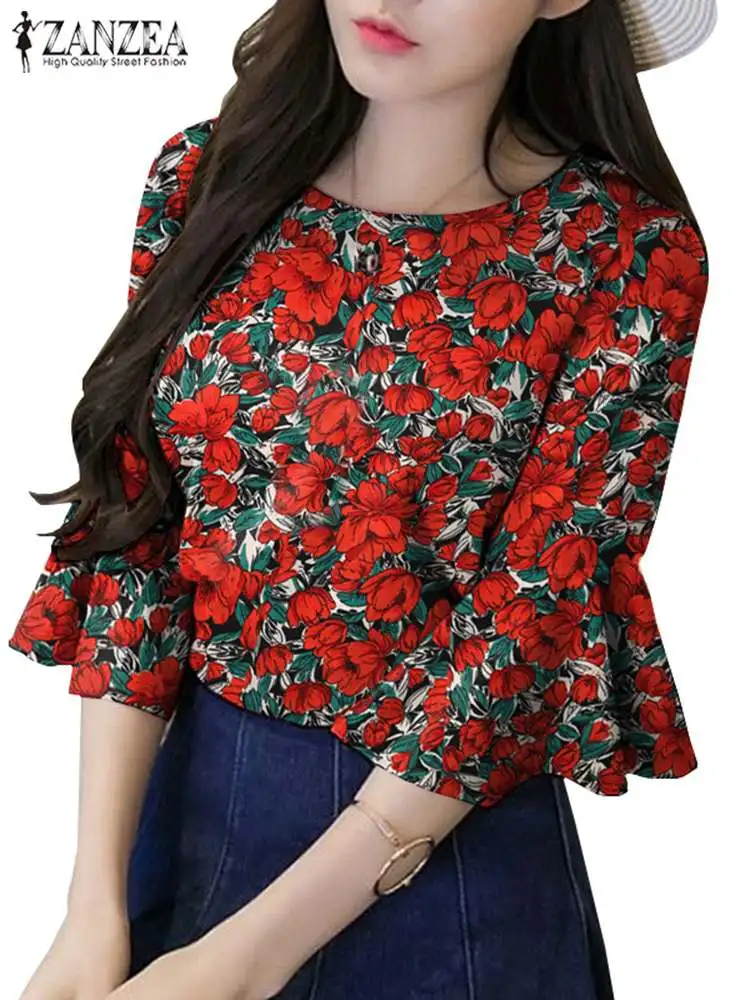 ZANZEA Women Ruffled Half Sleeve Tops Office Lady Round Neck Blouse Vintage Summer Floral Printed Tunics Holiday Bohemian Blusas