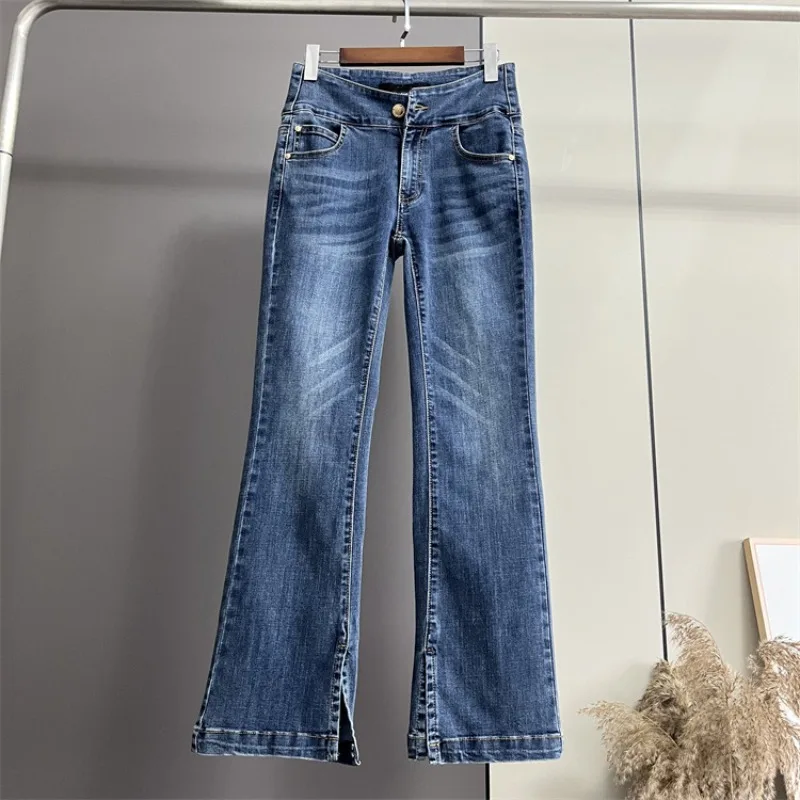 Mid-low Waist Baggy Slim Casual Micro Cotton Split Jeans