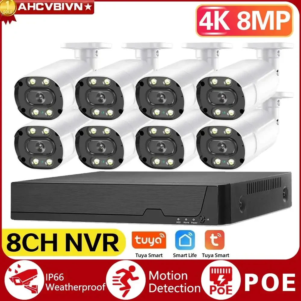 

Tuya HD 4K 8CH POE NVR Security Camera System Outdoor Audio 8MP CCTV IP Bullet Camera video Surveillance System 4CH POE NVR Kit