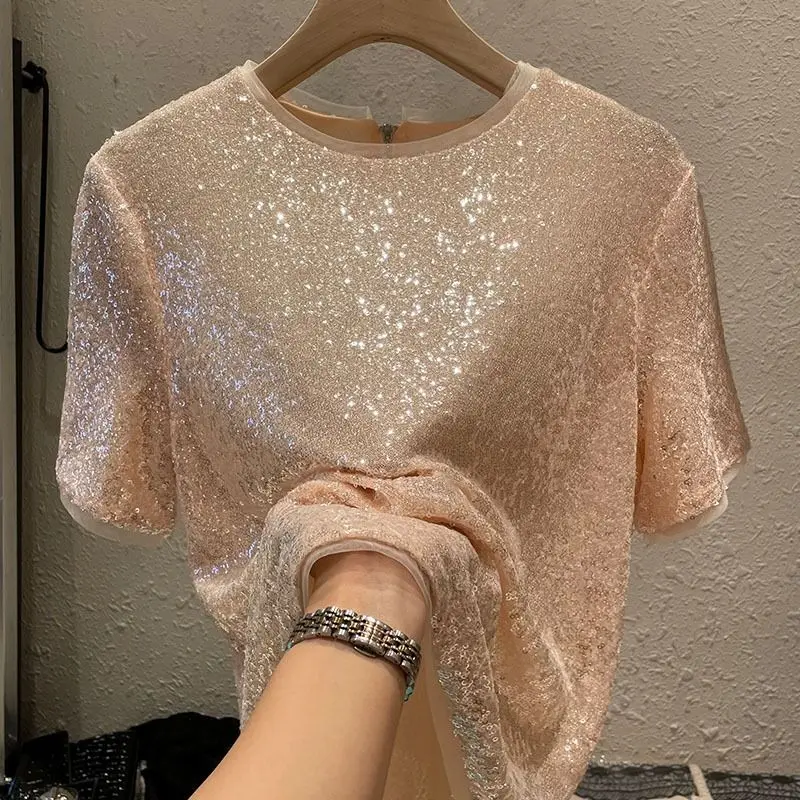 Summer New Round Neck Fashion Short Sleeve T-shirt Women High Street Casual Loose Sequined Pullovers Zipper Patchwork Chic Tops