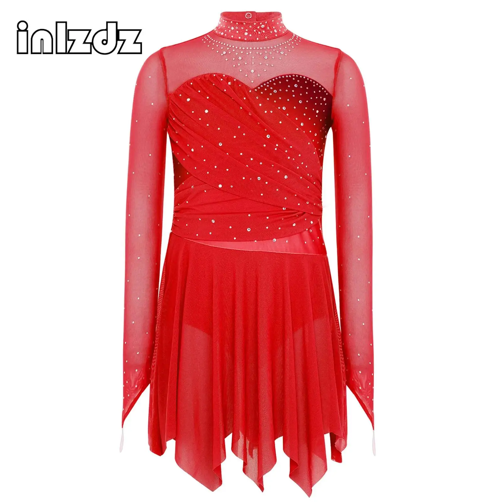 

Kids Girls Modern Lyrical Dance Figure Skating Costume Long Sleeves Rhinestones Mesh Dresses Stage Performance Costume Dancewear