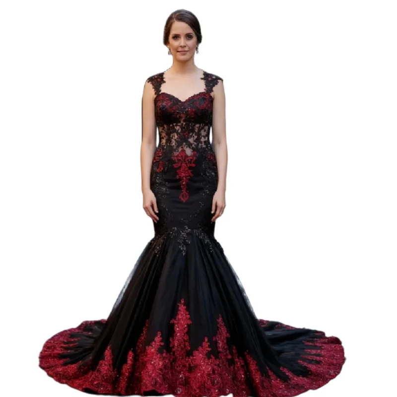 Gothic Black and Red Mermaid Wedding Dress with Lace Appliques Alternative Halloween Vampire Style Bridal Gowns 2026 Civil
