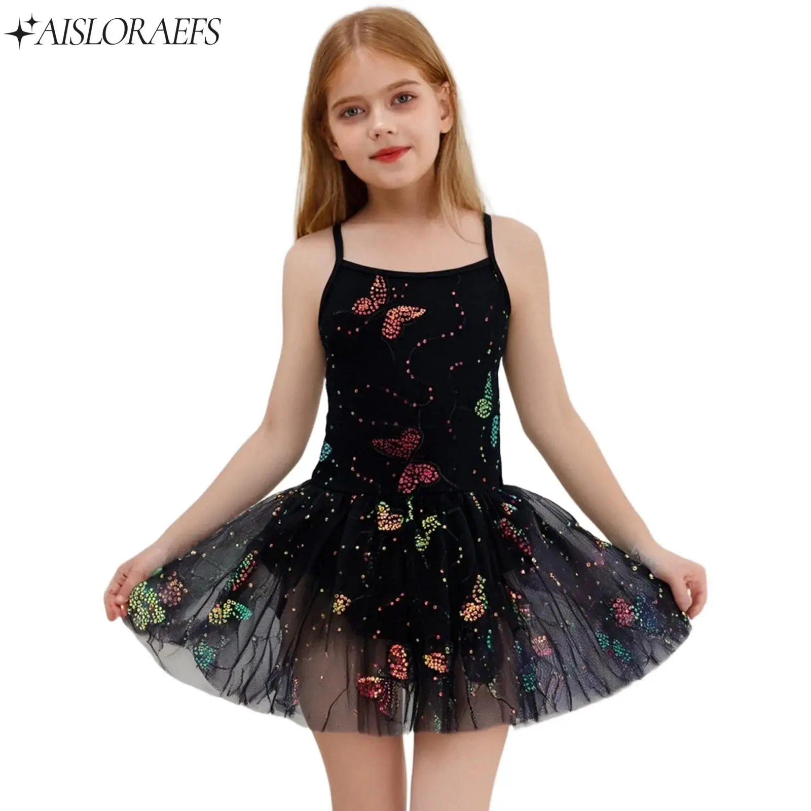 

Sleeveless Leotard for Girls Ballet Tutu Dress Gymnastics Clothes Cross Back Sequin Butterfly Dance Dress with Built-in Briefs