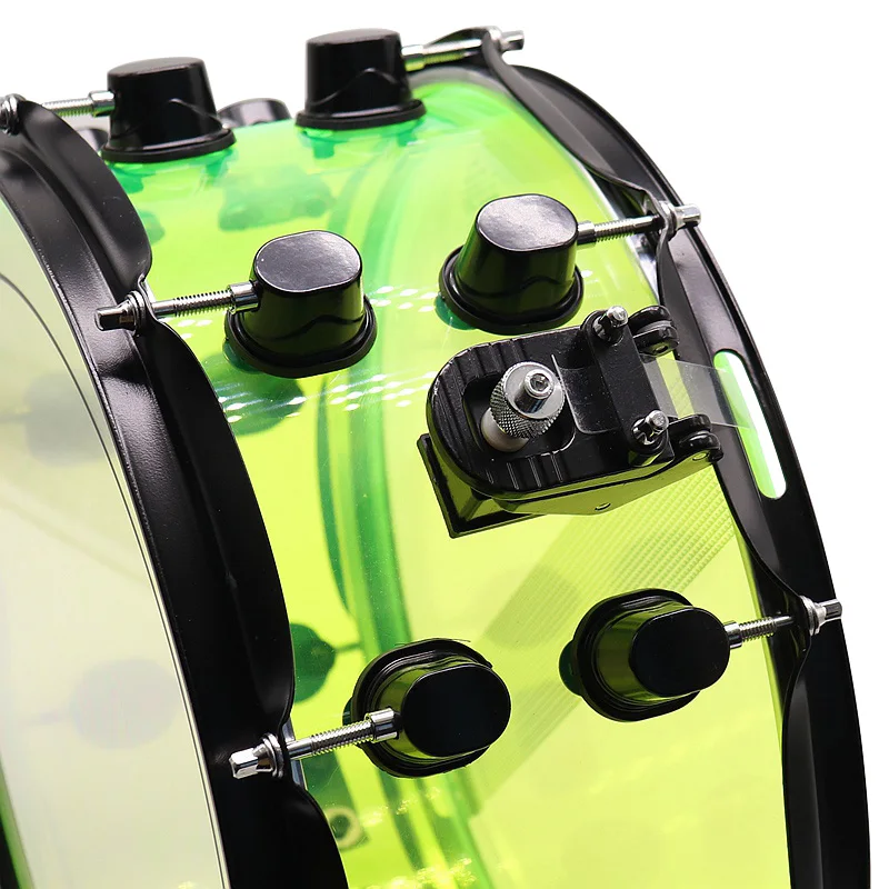 13 Inch Diameter 7 Inch Depth Acrylic Snare Drum Green with Black Color Iron Hoop and Metal One Side Drum Lug