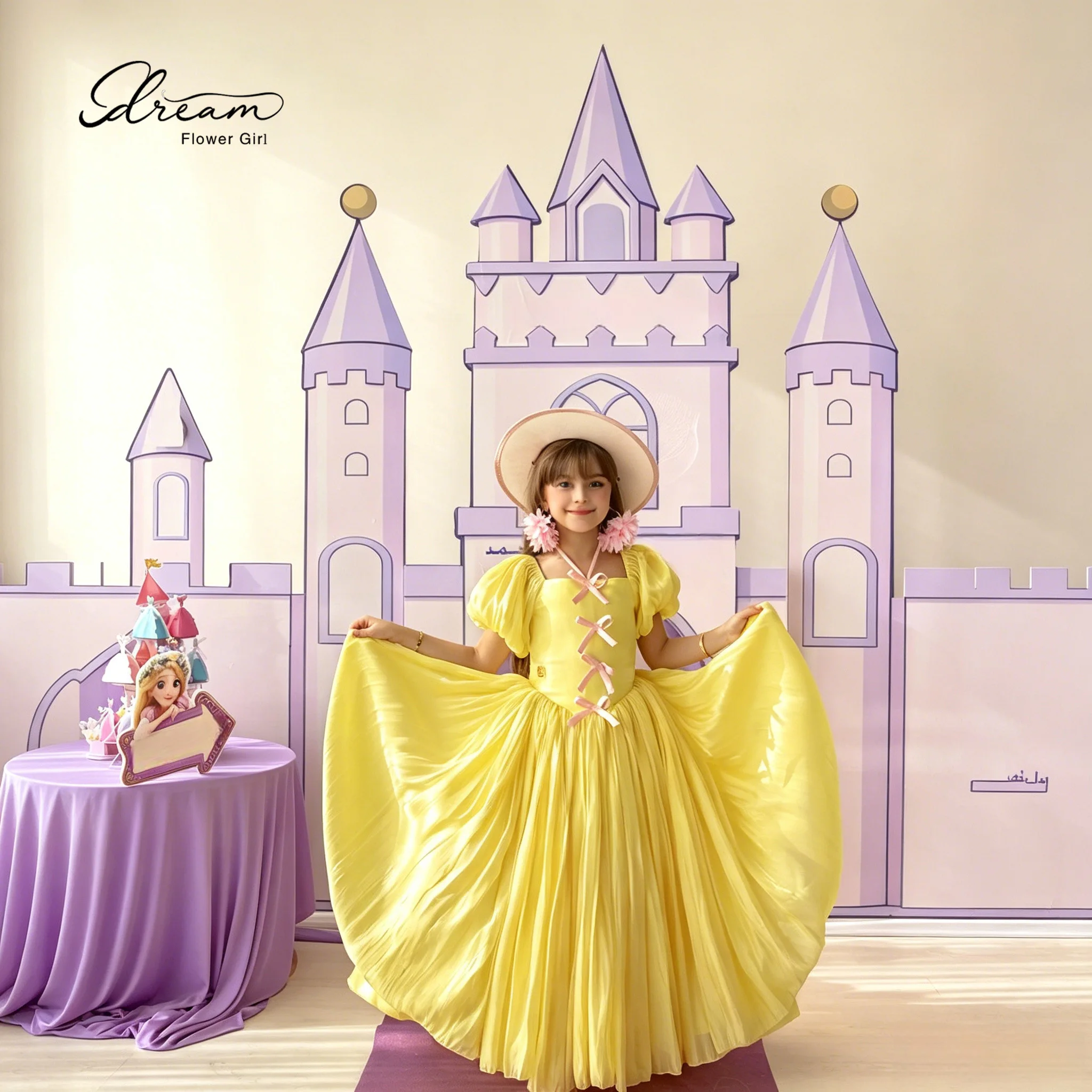Adorable flower girl yellow princess-style evening dress, with a fluffy large skirt and puff sleeves decorated with pink bows.