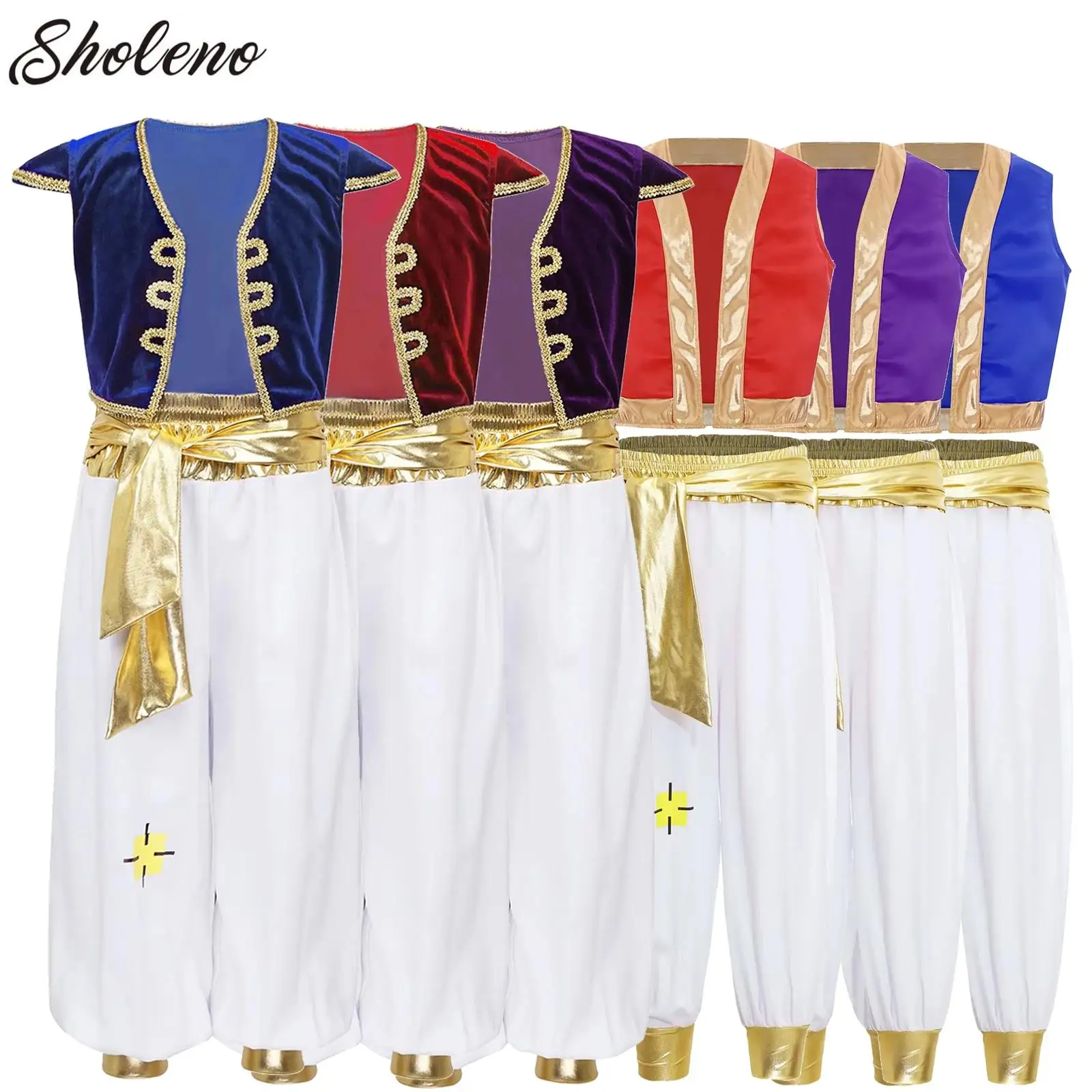 

Kids Arab Prince Cosplay Costume Suits Boy Mythical Arabian Prince Outfits Halloween Fancy Dress Up Gold Trim Vest with Bloomers