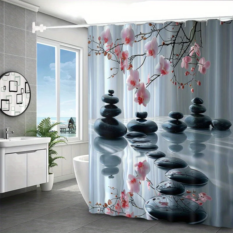 4pcs Peach Blossom & Stone Print Shower Curtain Set - Waterproof Polyester, Includes Hooks, Non-Slip Bath Mat, U-Shaped Rug, and