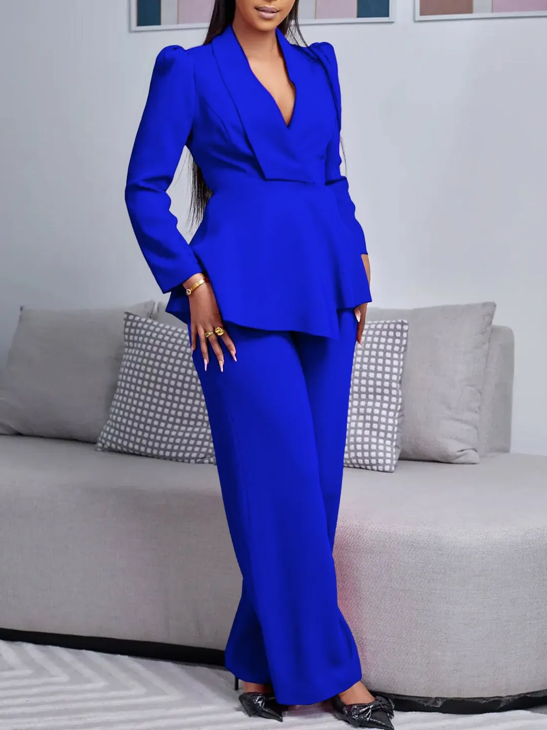 

Spring Women's Clothing Elegant Ruffled Long Sleeve Top And Wide Leg Pants Set For Office Lady Wear Polyester Solid Color