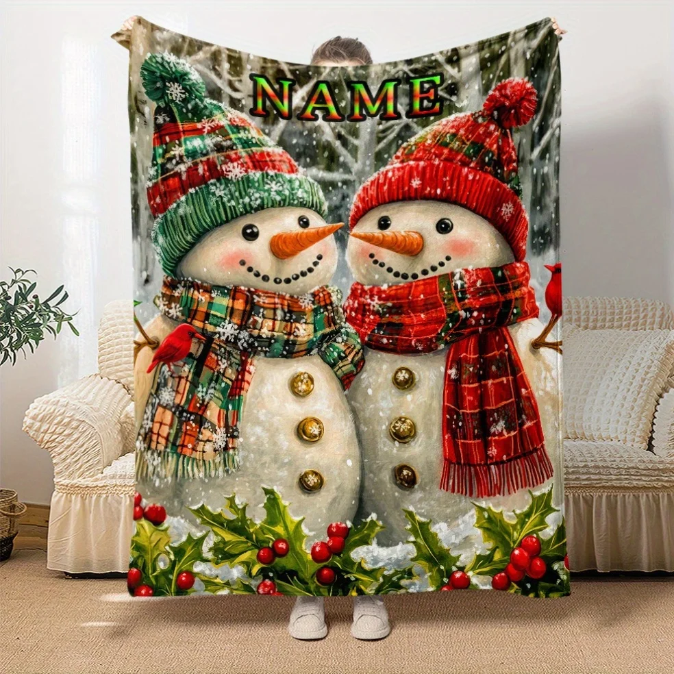1pc Christmas Snowman Flannel Throw Blanket/Personalized Custom Name/Soft Polyester Fleece, No Feathers, Electricity-Free/Lightw